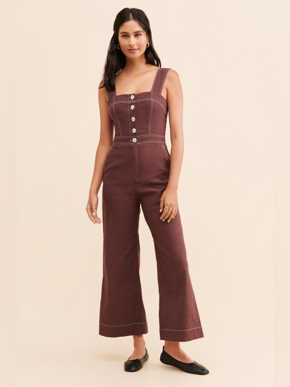 Maeve Anthropologie Colette Portside Button Wide Leg Jumpsuit Brown 14 Petite